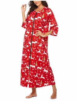 Women Zipper Robe Half Sleeve Loungewear Full Length Nightgown Duster Housecoat with Pockets S-XXL
