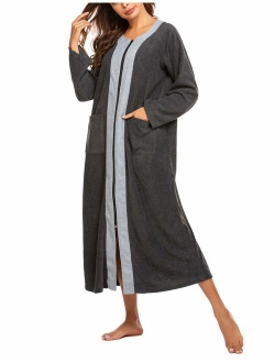 Women Zipper Robe Half Sleeve Loungewear Full Length Nightgown Duster Housecoat with Pockets S-XXL