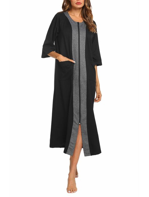 Ekouaer Women Zipper Robe Half Sleeve Loungewear Full Length Nightgown Duster Housecoat with Pockets S-XXL
