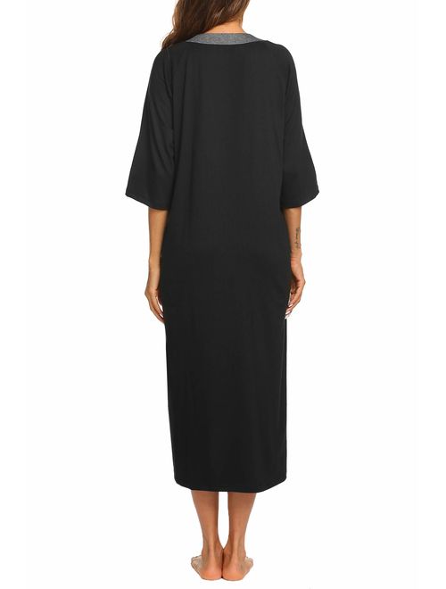 Ekouaer Women Zipper Robe Half Sleeve Loungewear Full Length Nightgown Duster Housecoat with Pockets S-XXL