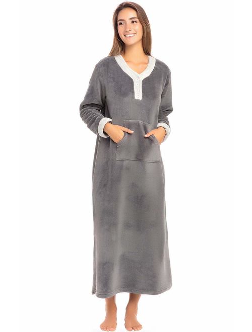 Alexander Del Rossa Women's Warm Fleece Nightgown, Long Kaftan with Pockets