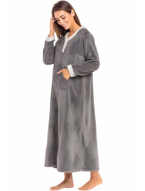 Alexander Del Rossa Women's Warm Fleece Nightgown, Long Kaftan with Pockets