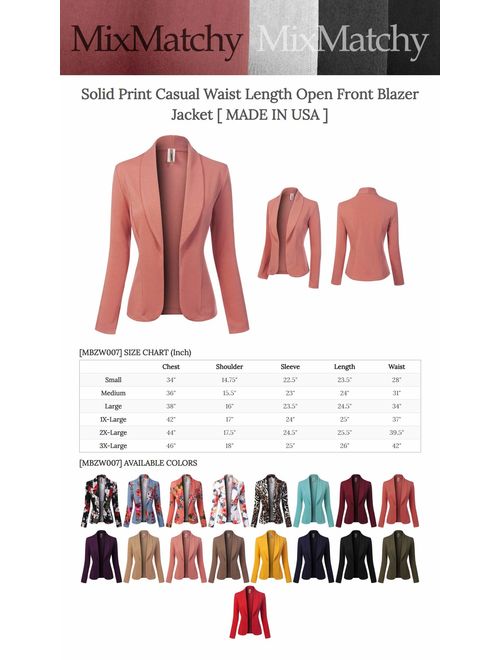 MixMatchy Women's Solid Print Casual Waist Length Open Front Blazer Jacket [ Made in USA ]