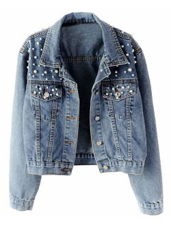Kedera Women Oversized Denim Jacket Pearls Beading Jeans Coat 2XL