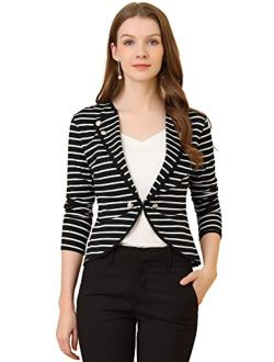 Women's Notched Lapel Button Decor Lightweight Striped Blazer Jacket