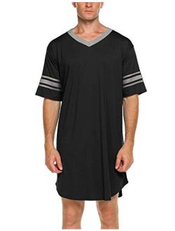 Men's Nightshirt, Cotton Nightwear Comfy Big and Tall V Neck Short Sleeve Soft Loose Pajama Sleep Shirt