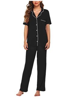 Pajamas Set Short Sleeve Soft Sleepwear Pjs Women Button Down Nightwear with Long Pants S-XXL