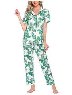 Pajamas Set Short Sleeve Soft Sleepwear Pjs Women Button Down Nightwear with Long Pants S-XXL