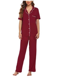 Pajamas Set Short Sleeve Soft Sleepwear Pjs Women Button Down Nightwear with Long Pants S-XXL