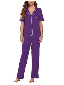Pajamas Set Short Sleeve Soft Sleepwear Pjs Women Button Down Nightwear with Long Pants S-XXL