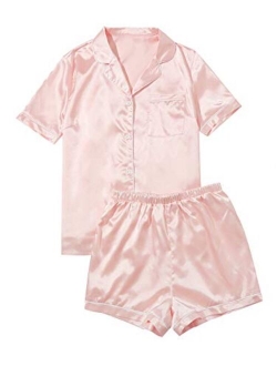 Women's Short Sleeve Sleepwear Button Down Satin 2 Piece Pajama Set