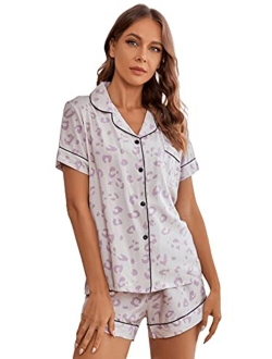 Women's Short Sleeve Sleepwear Button Down Satin 2 Piece Pajama Set