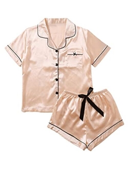 Women's Short Sleeve Sleepwear Button Down Satin 2 Piece Pajama Set