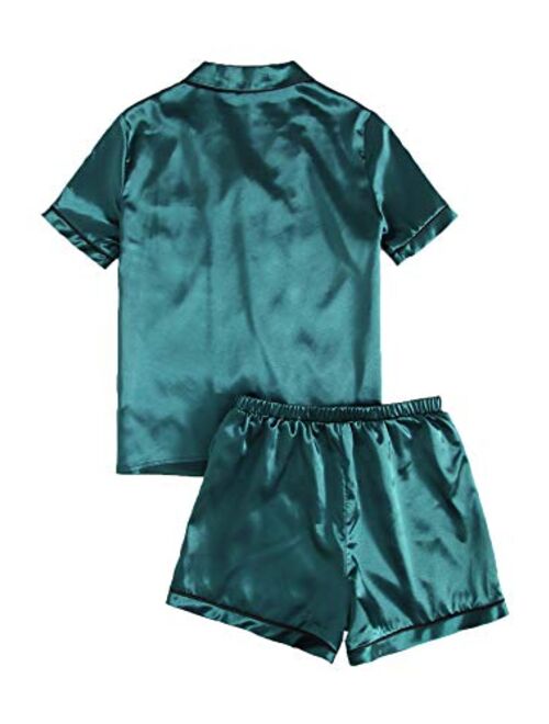 SweatyRocks Women's Short Sleeve Sleepwear Button Down Satin 2 Piece Pajama Set