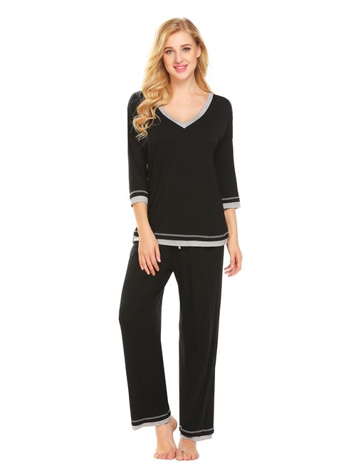 Ekouaer Pajama Sets Womens Long Sleeve Sleepwear Cotton Lounge Nightwear Sets