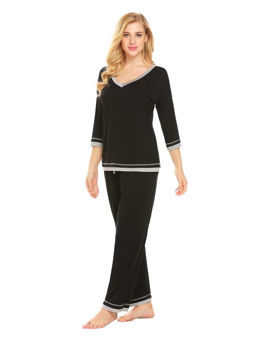 Ekouaer Pajama Sets Womens Long Sleeve Sleepwear Cotton Lounge Nightwear Sets