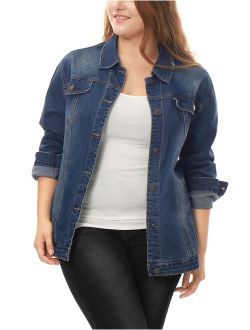 uxcell Women's Plus Size Button Down Washed Denim Jacket with Chest Flap Pocket