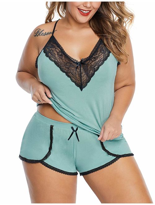 XAKALAKA Women Plus Size Pajamas Cami Shorts Set Nightwear Sexy Lace Lingerie Sleepwear