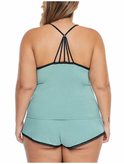 XAKALAKA Women Plus Size Pajamas Cami Shorts Set Nightwear Sexy Lace Lingerie Sleepwear
