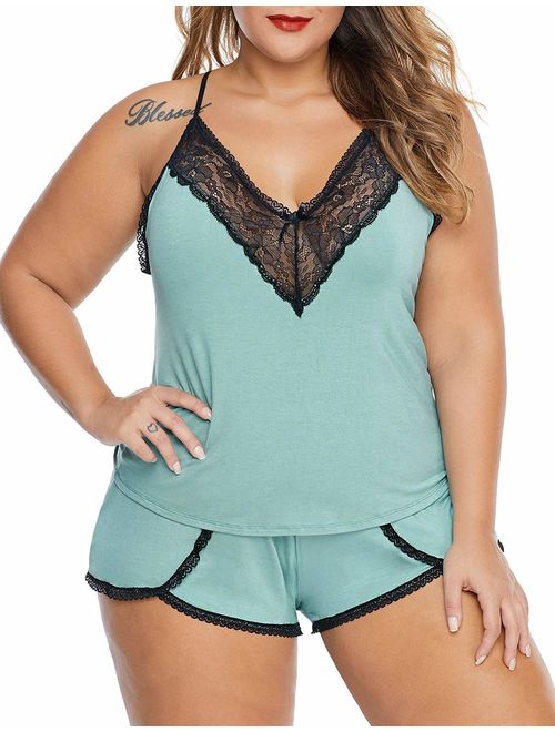 XAKALAKA Women Plus Size Pajamas Cami Shorts Set Nightwear Sexy Lace Lingerie Sleepwear