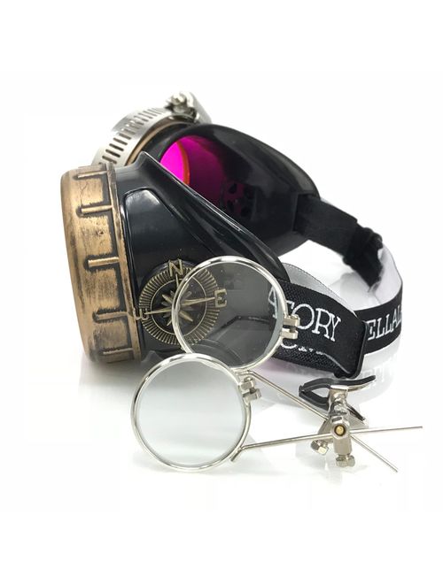 UMBRELLALABORATORY Steampunk Victorian Style Goggles with Compass Design, Colored Lenses & Ocular Loupe