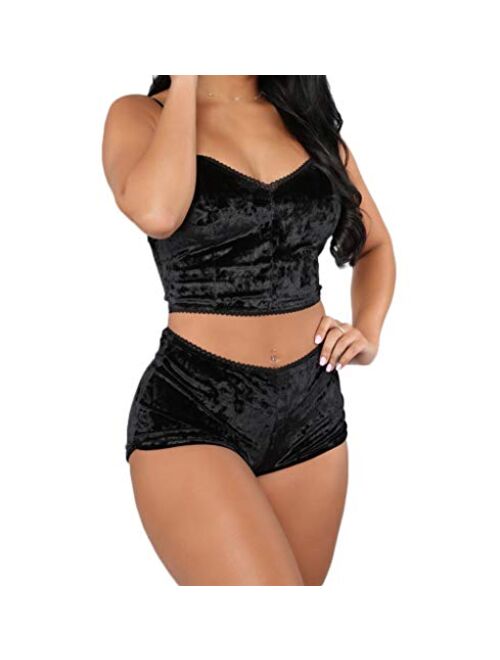 RUEWEY Women Sexy Strappy Babydoll Lingerie Satin Pajama Set Camisole with Shorts 2 Piece Sleepwear