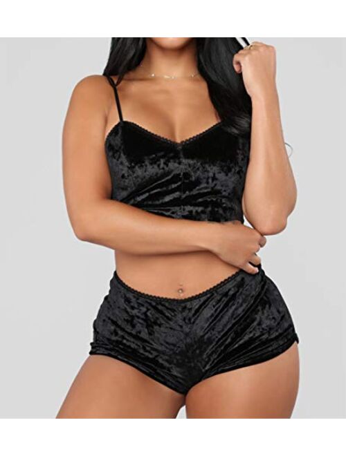 RUEWEY Women Sexy Strappy Babydoll Lingerie Satin Pajama Set Camisole with Shorts 2 Piece Sleepwear