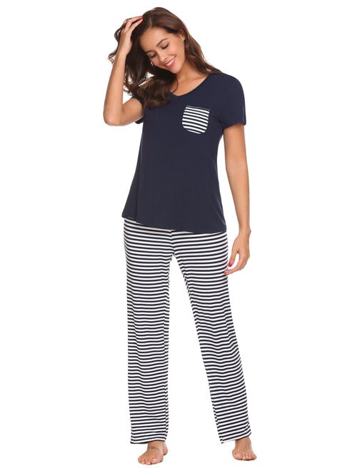 Hotouch Womens Pajamas Pants Sets V-Neck Short Sleeve Sleepwear Soft Pj Sets