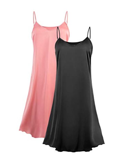 Satin Nightgowns for Women, Silk Nightgown Sexy Chemise Nightie Cami Lounger Slip Dress Full Slip Pack of 2