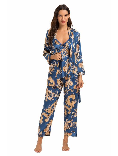 HOUSEPLANT Women's Floral Silk Satin Pajamas Set Sleepwear 3Pieces Nightwear Long Sleeve Pyjamas with Belt