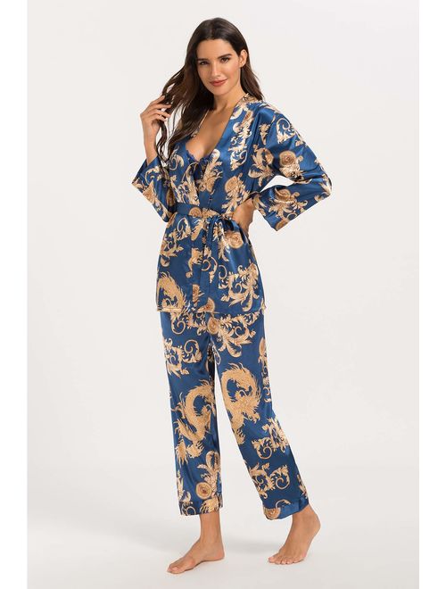 HOUSEPLANT Women's Floral Silk Satin Pajamas Set Sleepwear 3Pieces Nightwear Long Sleeve Pyjamas with Belt