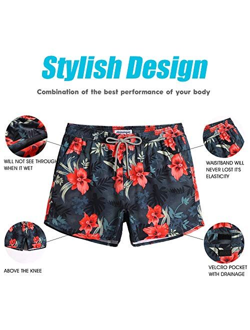 MaaMgic Mens Boys 80s 90s Vintage 4 Way Stretch Swim Trunks with Mesh Lining Quick Dry Swim Suits Board Shorts