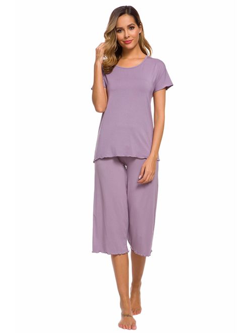 LIUguoo lingerie Womens Pajama Set,Short Sleeve Pajamas Bamboo Sleepwear Capri Pants Pj Set for Women