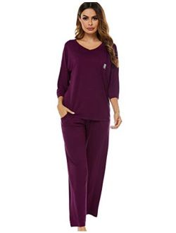 Women's V-Neck Knit Sleepwear 3/4 Sleeves Top with Pants Soft Pajama Set