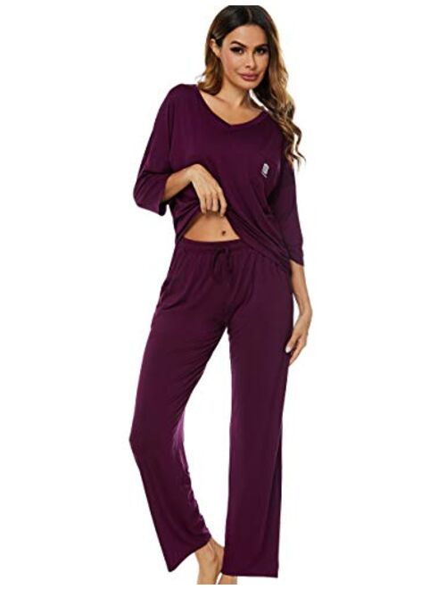 Women's V-Neck Knit Sleepwear 3/4 Sleeves Top with Pants Soft Pajama Set