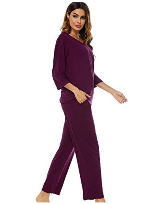 Women's V-Neck Knit Sleepwear 3/4 Sleeves Top with Pants Soft Pajama Set