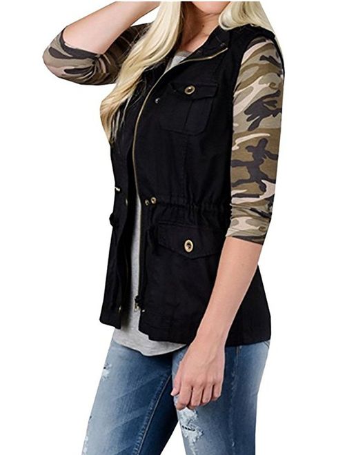 SENSERISE Womens Lightweight Sleeveless Military Anorak Drawstring Jacket Vest