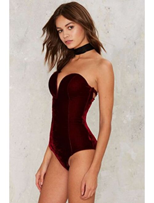 Clothink Women Burgundy Bandeau Back Lace up Velvet Bodysuit