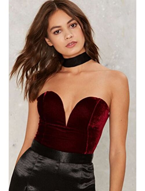 Clothink Women Burgundy Bandeau Back Lace up Velvet Bodysuit
