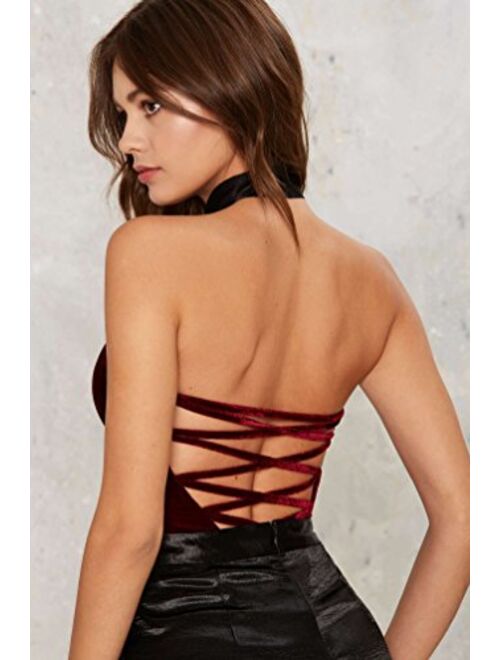 Clothink Women Burgundy Bandeau Back Lace up Velvet Bodysuit
