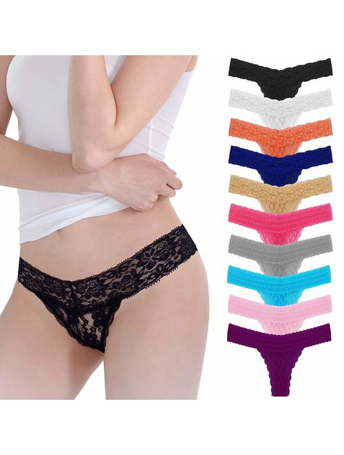 Pmrxi Pack of 10 Sexy Women All Lace Thong, Cotton Thong Lace Trim, Assorted Different Lace Pattern & Colors