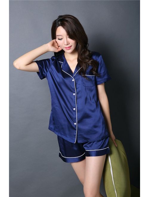 NANJUN Women's Satin Pajamas Sleepwear Long and Short Button-Down Pj Set