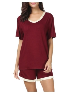 Invug Women Nightwear Short Sleeve Shirt and Shorts Pajama Set V Neck Sleepwear