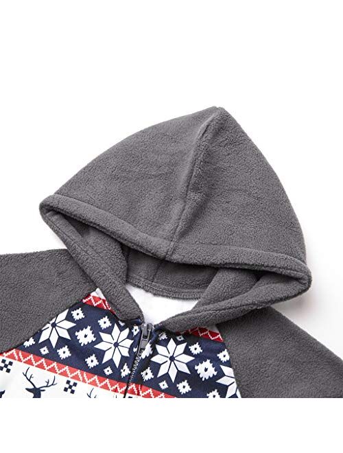 Yaffi Matching Family Footed Pajamas Hoodie Sleeper Christmas PJ's Festival Snowflake Plush Cozy Warm Onesie Grey