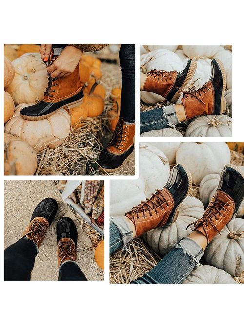 Chenghe Women's Duck Boots Lace Up Two Tone Waterproof Rain Duck Boots