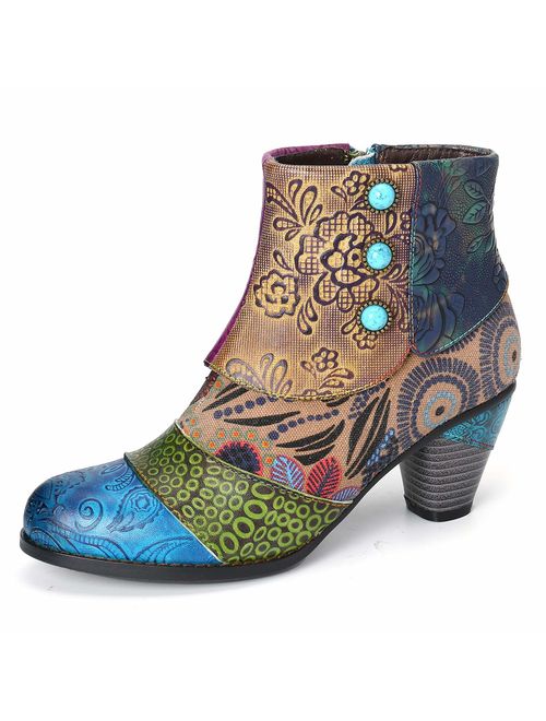 gracosy Block Heel Ankle Booties,Women's Bohemian Splicing Pattern Side Zipper High Block Heel Ankle Leather Boots