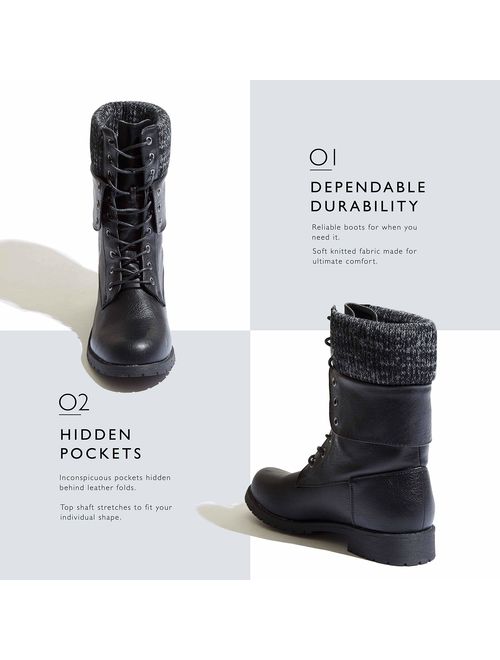 DailyShoes Womens Military Up Buckle Combat Boots Ankle Mid Calf Fold-Down Exclusive Credit Card Pocket