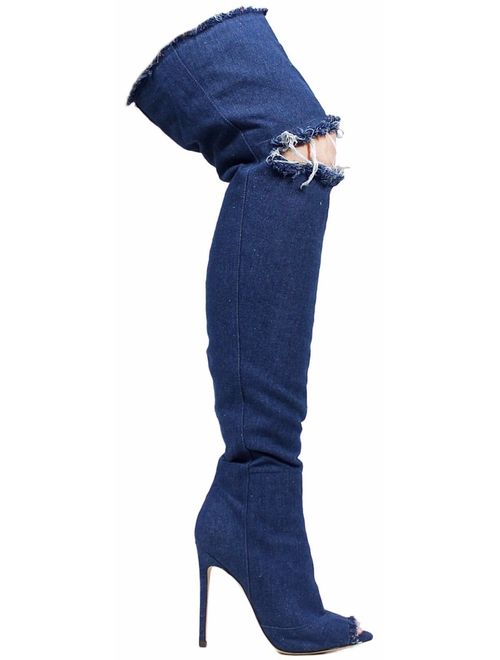 Liliana Barbara-13 Thigh High Over Knee Denim Open Toe Stiletto Heel Boot Dark Blue