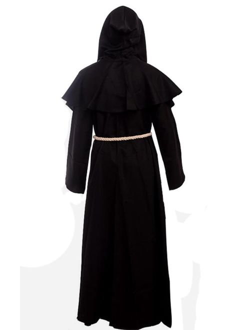Friar Medieval Hooded Monk Renaissance Priest Robe Costume Cosplay black XL
