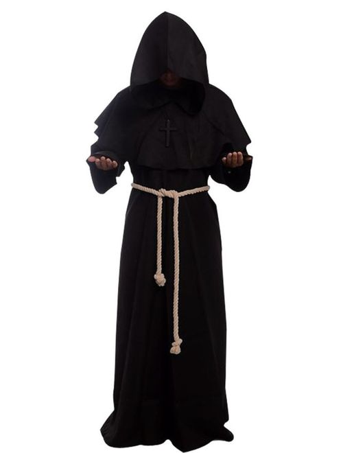 Friar Medieval Hooded Monk Renaissance Priest Robe Costume Cosplay black XL